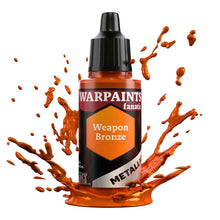 The Army Painter Warpaint Fanatic Metallic Weapon Bronze bottle with vibrant bronze metallic paint splashing around it.