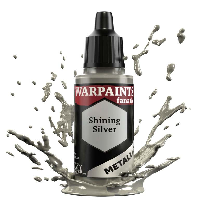 The Army Painter Air Shining Silver metallic paint bottle with silver paint splashes around it for miniatures.