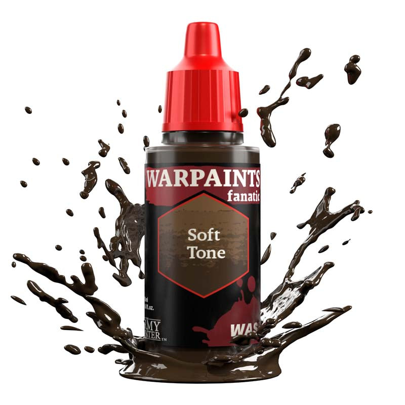 The Army Painter Warpaint Fanatic Wash Soft Tone bottle with soft brown wash splashes for miniature shading.