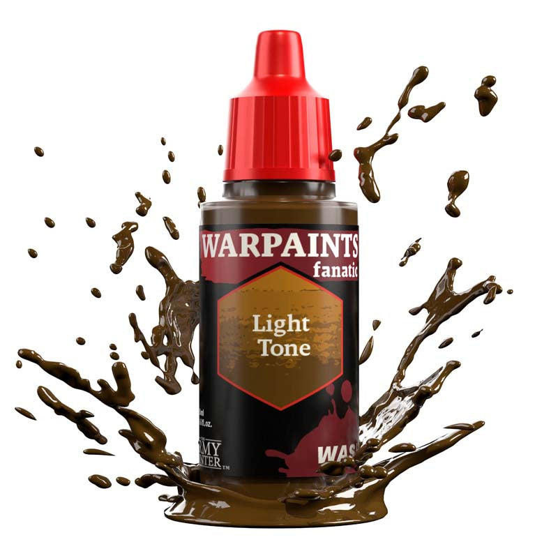 The Army Painter Warpaint Fanatic Wash Light Tone bottle with brown wash splashing, for shading miniatures.