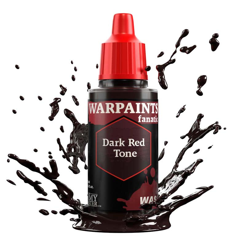 The Army Painter Warpaint Fanatic Wash Dark Red Tone bottle with dark red wash splashing around for miniature shading.