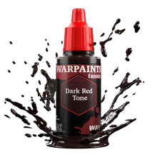 The Army Painter Warpaint Fanatic Wash Dark Red Tone bottle with dark red wash splashing around for miniature shading.