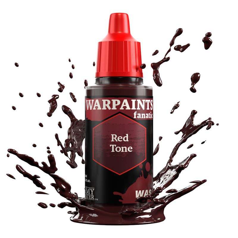 The Army Painter Warpaint Fanatic Wash Red Tone with dynamic red wash splashes for shading and detailing miniatures.