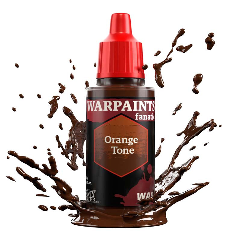 The Army Painter Warpaint Fanatic Wash Orange Tone bottle with splash effect, used for shading miniatures and enhancing details.