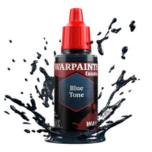 The Army Painter Warpaint Fanatic Wash Blue Tone bottle with blue wash splashing around for miniature shading.