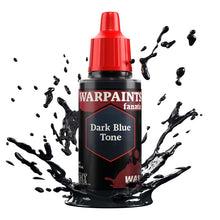 The Army Painter Warpaint Fanatic Wash Dark Blue Tone bottle with dark blue paint splash highlighting shading for miniatures