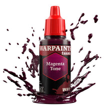 The Army Painter Warpaint Fanatic Wash Magenta Tone bottle with vivid magenta wash splashes for miniature shading and detailing.