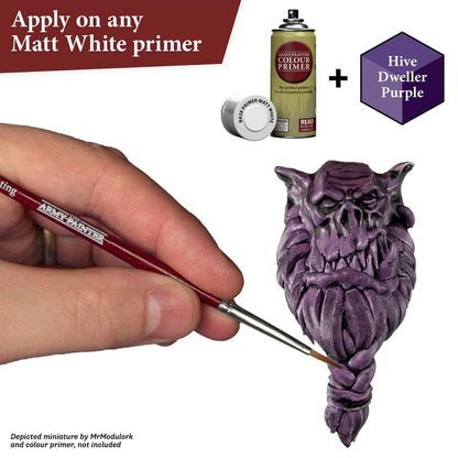 The Army Painter Speedpaint Hive Dweller Purple applying one-coat very dark purple paint on a miniature.