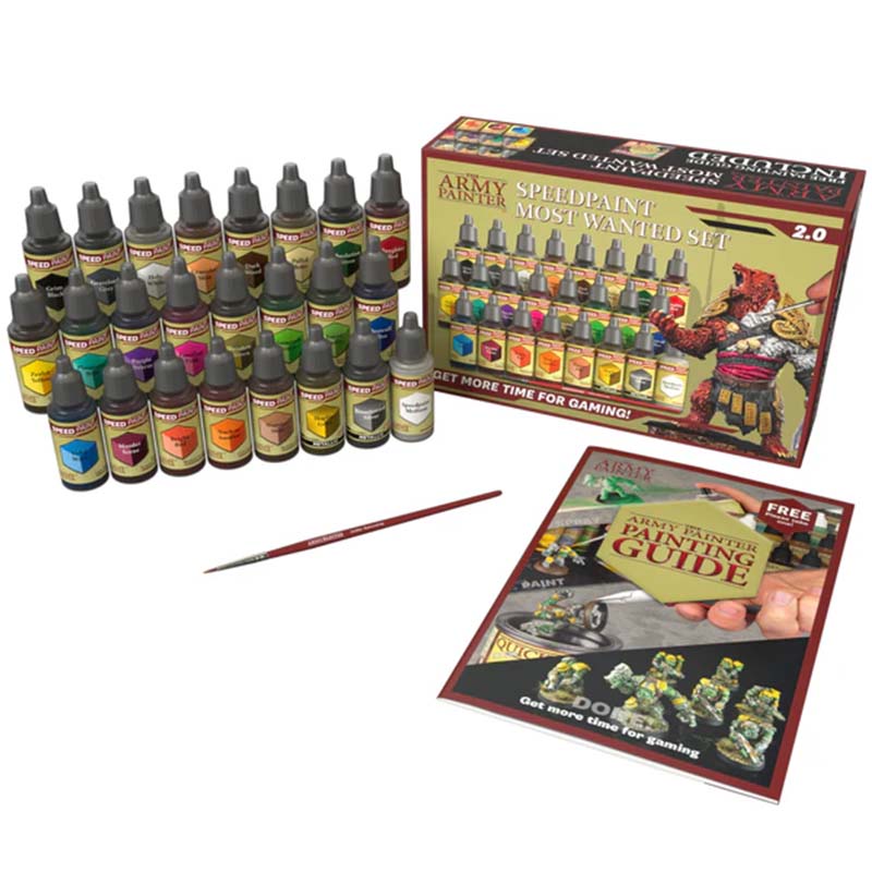 The Army Painter Speedpaint Most Wanted Set 2.0 with acrylic paints, brush, and painting guide for miniature models.