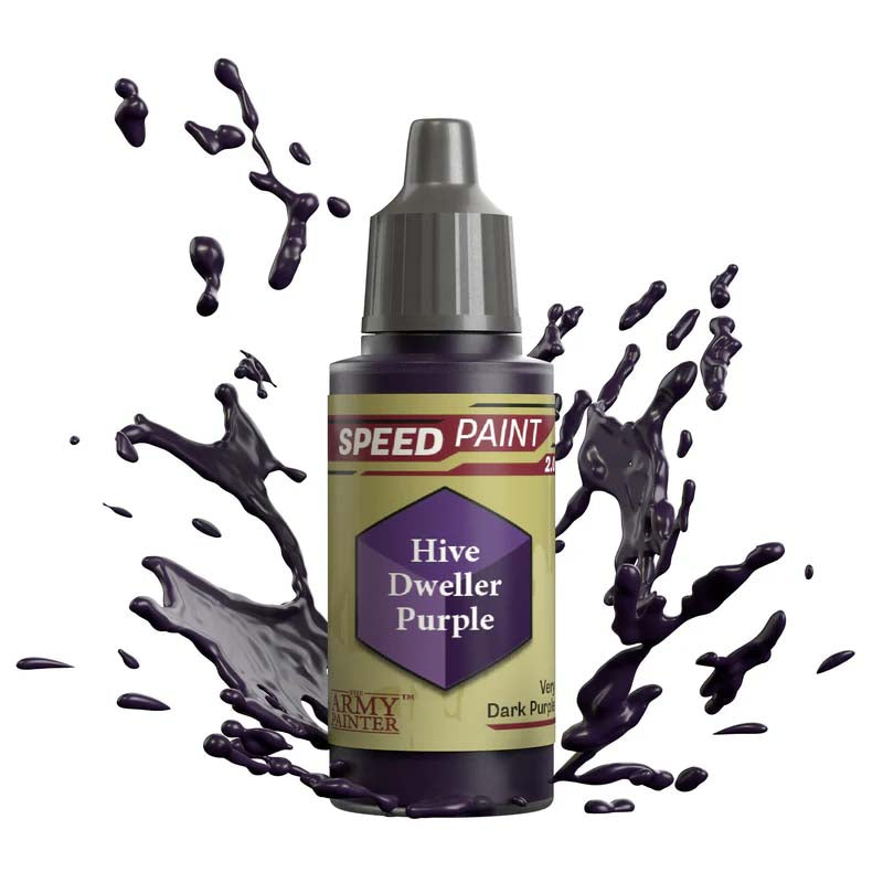 The Army Painter Speedpaint Hive Dweller Purple bottle with vibrant dark purple paint splashes highlighting one-coat painting efficiency.