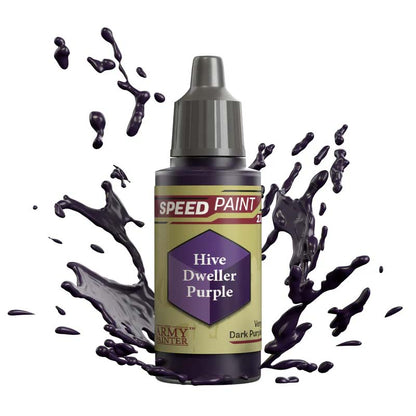 The Army Painter Speedpaint Hive Dweller Purple bottle with vibrant dark purple paint splashes highlighting one-coat painting efficiency.
