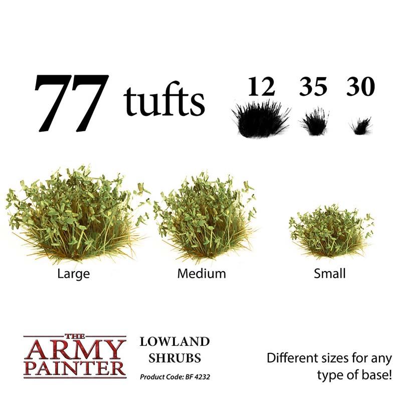 The Army Painter Terrains Lowland Shrubs with 77 tufts in large, medium, and small for tabletop terrain detailing.