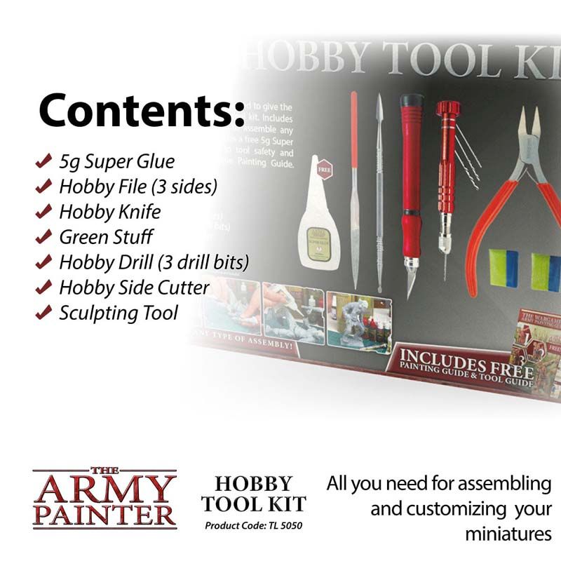 The Army Painter Hobby Tool Kit with super glue, hobby knife, files, drill bits, side cutter, and sculpting tool for miniatures.