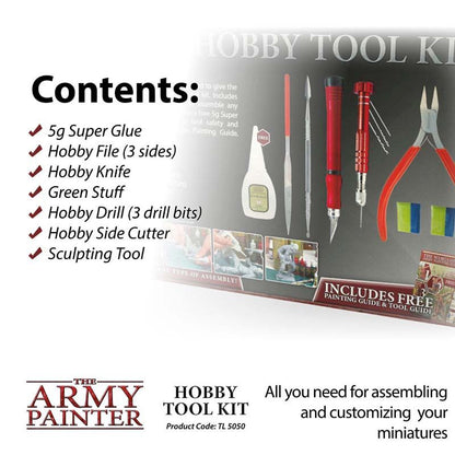 The Army Painter Hobby Tool Kit with super glue, hobby knife, files, drill bits, side cutter, and sculpting tool for miniatures.