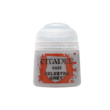 Citadel Base Celestra Grey paint pot featuring smooth, matte finish base coat ideal for miniature painting foundation.