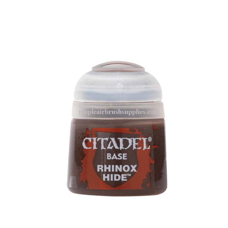 Citadel Base Rhinox Hide base paint in 12ml pot with rich, deep color for detailed miniature painting and shading.
