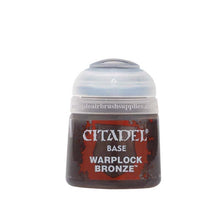 Citadel Base Warplock Bronze base paint in 12ml pot with vibrant, high-pigment bronze color for miniatures.