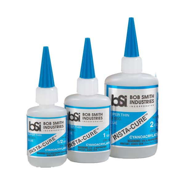 BSI Super Thin Insta-Cure CA Glue bottles in three sizes for fast bonding of tight fitting parts with water-thin viscosity.