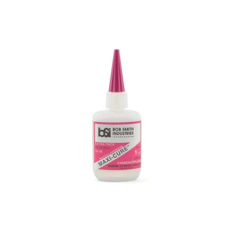 BSI Maxi-Cure Extra Thick 1oz bottle of thick CA glue for plastics, wood, metal, fiberglass, and model assembly.