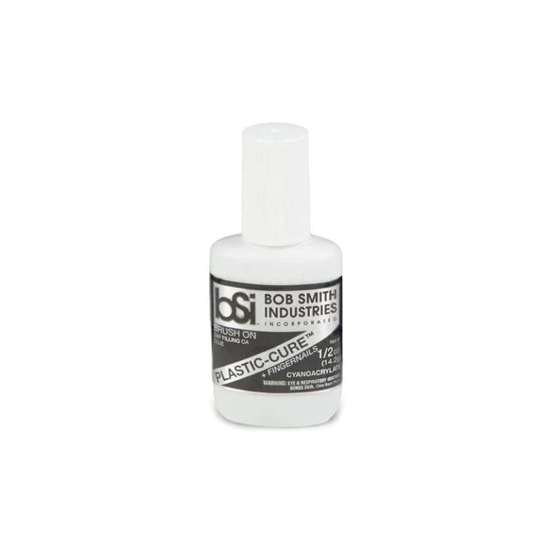 BSI Brush on CA Glue - Orderless plastic-cure adhesive in a white bottle with brush applicator for plastic and wood bonding.