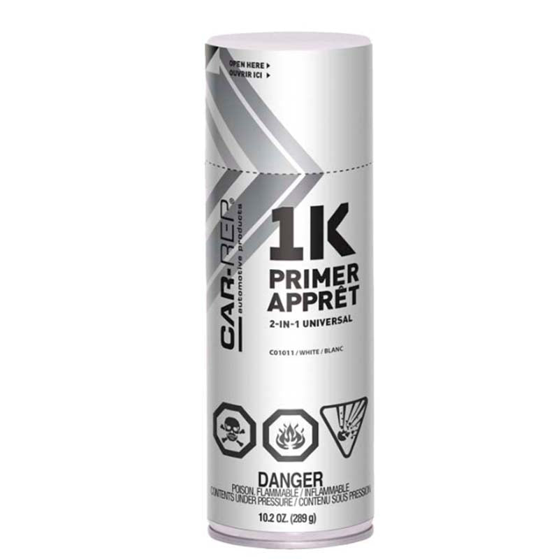 Car-Rep 1K Aerosol 2-in-1 Universal Primer spray can in white with safety icons and branding details visible.