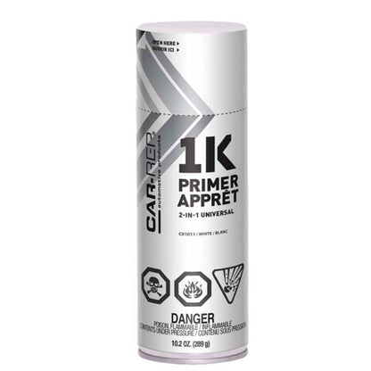 Car-Rep 1K Aerosol 2-in-1 Universal Primer spray can in white with safety icons and branding details visible.