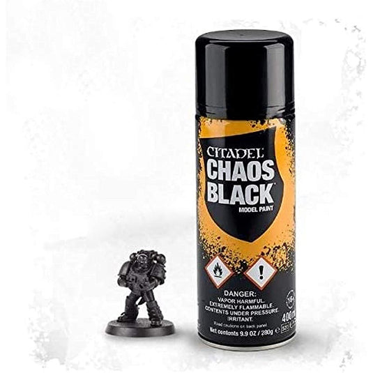 Citadel Chaos Black Spray 400ml can for smooth matte basecoating plastic, resin, and metal miniatures.