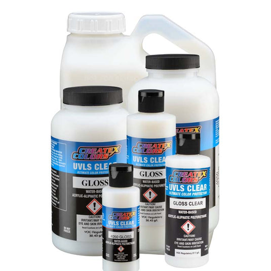 Createx UVLS Gloss Clear water-based architectural-grade gloss clear with UV protection and strong adhesion for various surfaces.