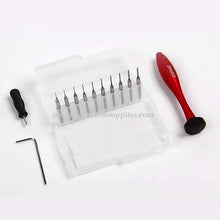 DSPIAE Aluminum Alloy Hand Drill with red handle, set of 10 tungsten steel drill bits and included Allen key for precision drilling.