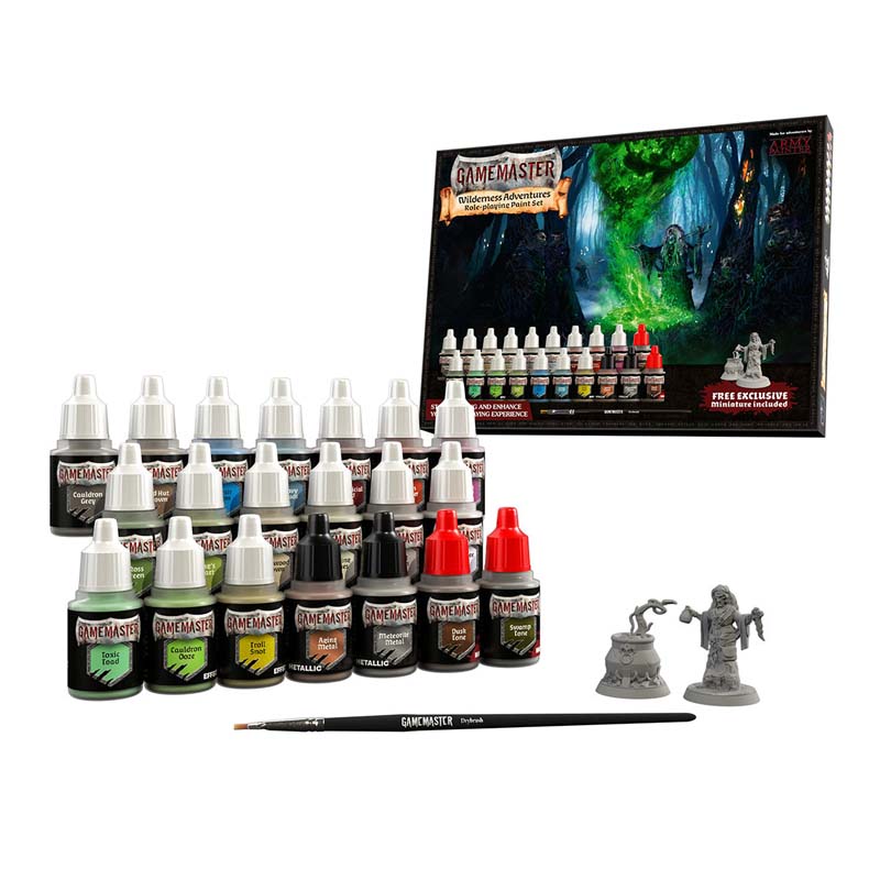 The Army Painter Gamemaster Wilderness Adventures Paint Set with 20 Warpaints, brush, and miniatures for tabletop gaming.