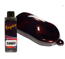 INSPIRE Candy Brown airbrush paint bottle with deep gloss custom finish on a curved sample panel showing rich candy brown color.