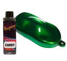 INSPIRE Candy Emerald airbrush paint 100ml bottle with glossy, vibrant green custom finish sample panel.