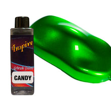 INSPIRE Candy Green Airbrush Paint 100ml showcasing vibrant, glossy candy green finish for custom automotive and art projects.