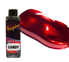 INSPIRE Candy Ruby Red airbrush paint 100ml bottle with vibrant custom candy finish swatch showing deep gloss shine