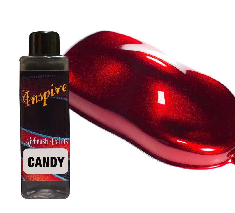 INSPIRE Candy Ruby Red airbrush paint 100ml bottle with vibrant custom candy finish swatch showing deep gloss shine