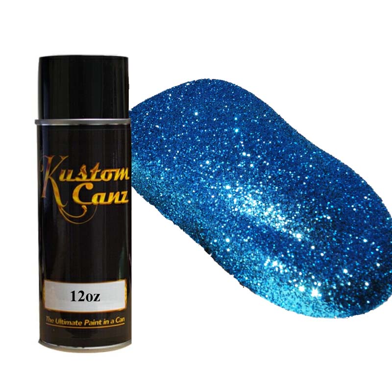 KUSTOM CANZ MetalFlake Blue spray paint can with vivid metallic blue glitter finish sample swatch shown nearby.