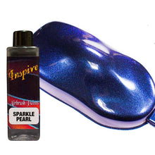 INSPIRE Sparkle Pearl Blue airbrush paint showing vibrant, sparkling blue pearl finish with high gloss shine on curved surface.