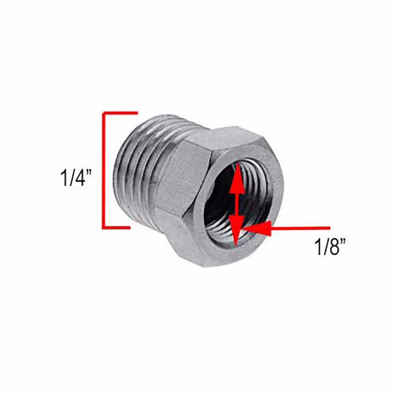 1/8 Female to 1/4 Male Adaptor showing threaded metal construction for airbrush hose and compressor connections.