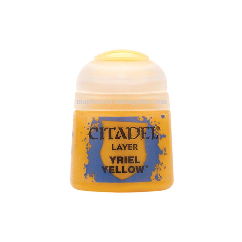 Citadel Layer Yriel Yellow paint pot with bright yellow pigment for detailed miniature painting and modeling projects.