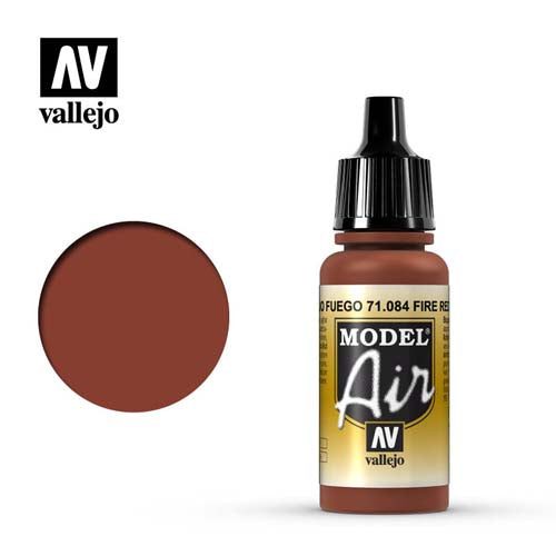Vallejo Model Air Fire Red acrylic paint bottle with swatch, ideal for airbrushing and model painting.