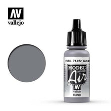 Vallejo Model Air Gunmetal FS37200 metallic paint bottle with swatch for scale and model detailing.