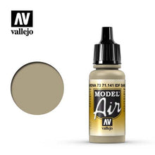 Vallejo Model Air IDF Sand Grey 73 acrylic paint bottle and color swatch for scale modeling and miniatures.