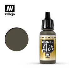 Vallejo Model Air IJA Olive Green bottle with color swatch showing accurate olive green paint for modeling projects