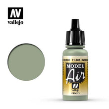 Vallejo Model Air Interior Grey Green FS34373 bottle with color swatch in muted green for model painting.