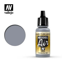 Vallejo Model Air Light Grey FS36300 RAL7046 acrylic paint bottle and color swatch for scale modeling.
