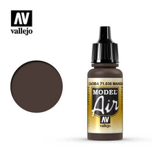 Vallejo Model Air Mahogany acrylic paint bottle with color swatch for airbrushing and model painting.