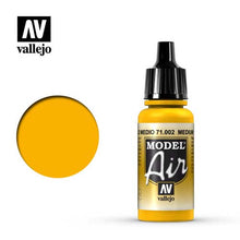 Vallejo Model Air Medium Yellow acrylic paint bottle with color sample for model and miniature airbrush painting.