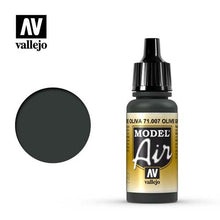 Vallejo Model Air Olive Green paint bottle with color swatch, ideal for airbrush and model painting projects.