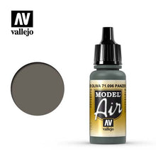 Vallejo Model Air Olive Grey airbrush paint bottle with a large swatch of olive green gray color by Vallejo