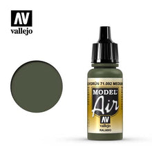 Vallejo Model Air Medium Olive RAL6003 model paint bottle and color swatch for hobby airbrush painting.